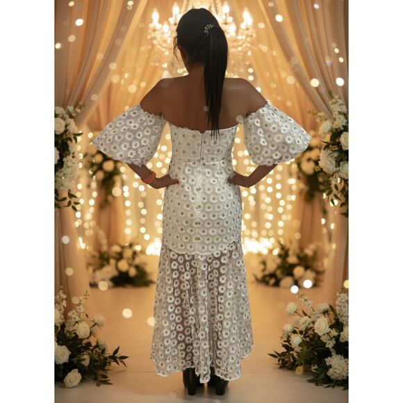 ASOS EDITION Dresses & Skirts - ASOS EDITION Ivory Embroidered Daisy Midi Dress UK 8 / US 4 – NWT Puff Sleeve